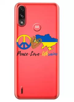 Чехол на Motorola E7i Power с патриотическим рисунком - Peace Love Ukraine