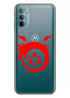 Motorola G31 чехол из прозрачного силикона - Стальной алхимик лого