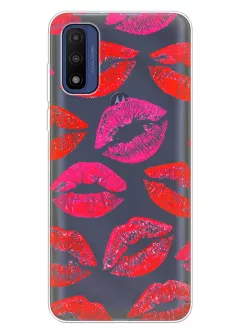 Чехол для Motorola G Pure с поцелуями, следами из помады на прозрачном силиконе