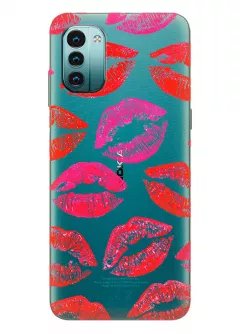 Чехол для Nokia G11 с поцелуями, следами из помады на прозрачном силиконе