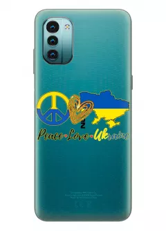 Чехол на Nokia G11 с патриотическим рисунком - Peace Love Ukraine