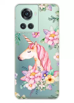 Чехол на OnePlus 10R для девочек - Единорог в цветах