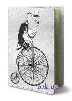 Обложка на паспорт-книжку из натуральной кожи с художественным акцентом — Фламинго на высоком велосипеде