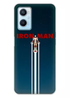 Бампер для OPPO A96 - Железный человек, Iron Man красное название и Тони Старк взлетает вверх вектор-арт 