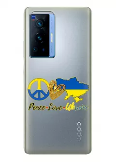 Чехол на OPPO Reno 6 Pro Plus 5G с патриотическим рисунком - Peace Love Ukraine
