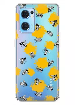 Чехол для OPPO Reno 7 5G с нарисованными пчелами на прозрачном силиконе