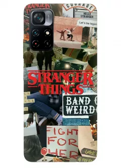 Бампер для Поко М4 Про из силикона - Очень странные дела Stranger Things постер с названием в стиле колажа из фото