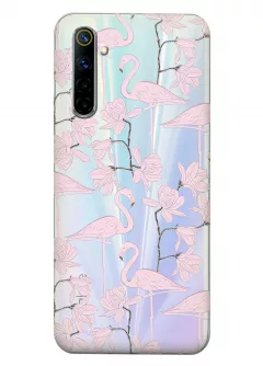 Прозрачный чехол для Realme 6 - Розовые фламинго