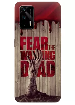Чехол для Realme GT - Ходячие мертвецы The Walking Dead кровавый постер с названием и рукой зомби в деревянном стиле