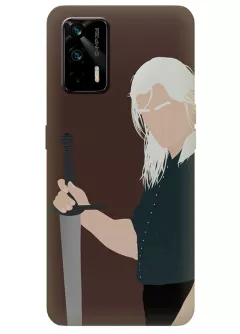 Realme GT чехол Ведьмак, The Witcher - Геральт из Ривии Генри Кавилл держит меч крупным планом вектор-арт