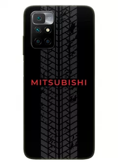 Бампер для Redmi Note 11 4G из силикона - Mitsubishi Мицубиси Митсубиши красное название крупным планом и следы шин колеса