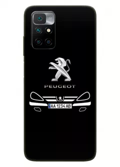 Наладка для Redmi Note 11 4G из силикона - Peugeot Пежо классический логотип крупным планом с номерным знаком и передней частью кузова (Дизайн 2)