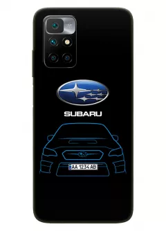 Редми Нот 11 4Дж чехол из силикона - Subaru Субару логотип и автомобиль машина синяя Impreza WRX вектор-арт купе седан с номерным знаком