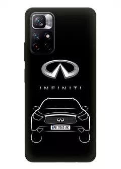 Redmi Note 11 5G чехол из силикона - Infiniti Инфинити логотип и автомобиль машина EX FX JX QX QX60 QX70 QX80 вектор-арт кроссовер внедорожник с номерным знаком (Дизайн 1)
