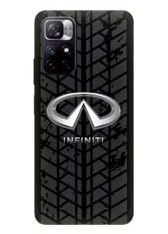 Redmi Note 11 5G чехол из силикона - Infiniti Инфинити классический логотип крупным планом и следы шин колеса