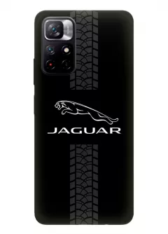 Чехол для Redmi Note 11 5G из силикона - Jaguar Ягуар белый логотип крупным планом и следы шин колеса