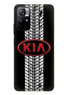 Чехол для Redmi Note 11 5G из силикона - Kia Киа Кия красный классический логотип крупным планом и следы шин колеса