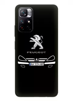 Наладка для Redmi Note 11 5G из силикона - Peugeot Пежо классический логотип крупным планом с номерным знаком и передней частью кузова (Дизайн 2)
