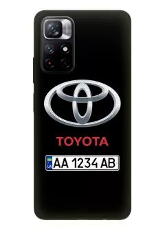 Чехол для Редми Нот 11 5Дж из силикона - Toyota Тойота классический логотип крупным планом с номерным знаком и названием