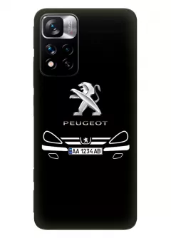 Наладка для Redmi Note 11 Pro из силикона - Peugeot Пежо классический логотип крупным планом с номерным знаком и передней частью кузова (Дизайн 2)