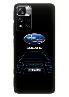 Редми Нот 11 Про чехол из силикона - Subaru Субару логотип и автомобиль машина синяя Impreza WRX вектор-арт купе седан с номерным знаком