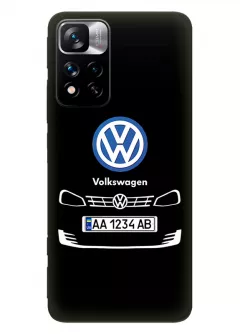 Бампер для Редми Нот 11 Про из силикона - Volkswagen Фольксваген классический логотип крупным планом с номерным знаком и передней частью кузова (Дизайн 2)