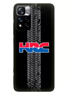 Redmi Note 11 Pro+ чехол из силикона - Honda Хонда логотип HRC красное-синее название и следы шин колеса вектор-арт