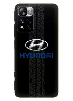 Redmi Note 11 Pro+ чехол из силикона - Hyundai Хендай Хюндай классический логотип с синим названием и следы шин колеса