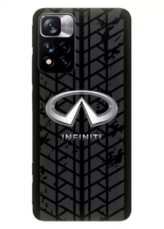 Redmi Note 11 Pro+ чехол из силикона - Infiniti Инфинити классический логотип крупным планом и следы шин колеса