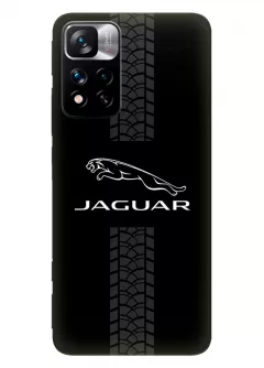 Чехол для Redmi Note 11 Pro+ из силикона - Jaguar Ягуар белый логотип крупным планом и следы шин колеса
