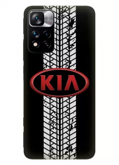 Чехол для Redmi Note 11 Pro+ из силикона - Kia Киа Кия красный классический логотип крупным планом и следы шин колеса