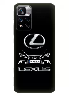 Чехол для Redmi Note 11 Pro+ из силикона - Lexus Лексус классический логотип крупным планом и название с номерным знаком и передней части кузова