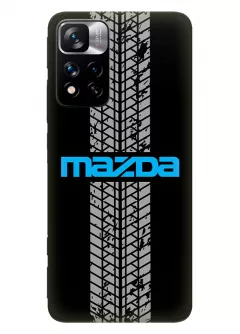 Чехол для Redmi Note 11 Pro+ из силикона - Mazda Мазда синее название крупным планом и следы шин колеса вектор-арт