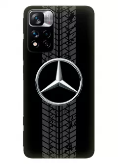 Чехол для Redmi Note 11 Pro+ из силикона - Mercedes-Benz Мерседес-Бенц Мерс классический логотип крупным планом и следы шин колеса
