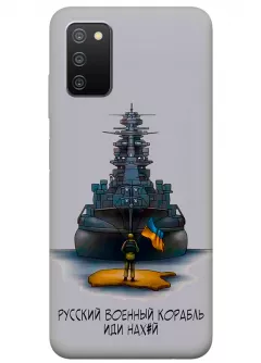 Прозрачный силиконовый чехол для Samsung A02s - Русский военный корабль иди нах*й