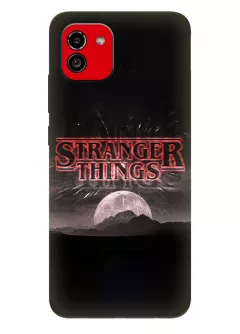 Бампер для Самсунг А03 из силикона - Очень странные дела Stranger Things красное название на фоне луны и гор черный чехол