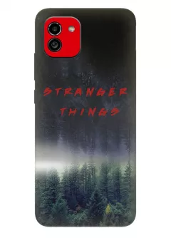 Бампер для Самсунг А03 из силикона - Очень странные дела Stranger Things красное название на фоне леса