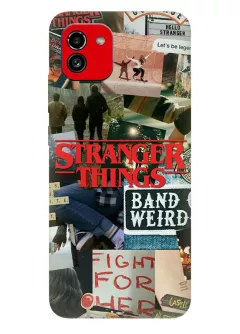 Бампер для Самсунг А03 из силикона - Очень странные дела Stranger Things постер с названием в стиле колажа из фото