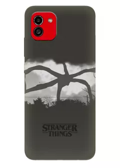 Бампер для Самсунг А03 из силикона - Очень странные дела Stranger Things название на фоне монстра Истязателя Разума серый чехол