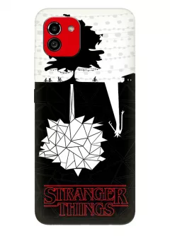 Бампер для Самсунг А03 из силикона - Очень странные дела Stranger Things красное название и черно-белый постер с миром главных героев и параллельным миром