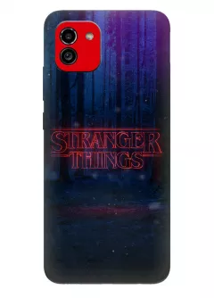 Чехол-накладка для Самсунг А03 из силикона - Очень странные дела Stranger Things красное название на фоне ночного леса