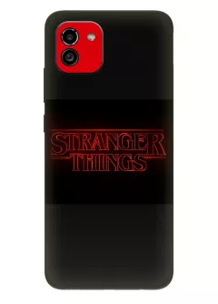 Чехол-накладка для Самсунг А03 из силикона - Очень странные дела Stranger Things красное название крупным планом черный чехол
