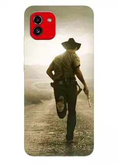 Чехол-накладка для Самсунг А03 из силикона - Ходячие мертвецы The Walking Dead шериф убегающий с пистолетом от зомби