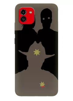 Чехол-накладка для Самсунг А03 из силикона - Ходячие мертвецы The Walking Dead шериф на фоне зомби вектор-арт коричневый чехол