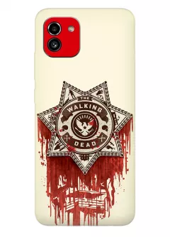 Чехол-накладка для Самсунг А03 из силикона - Ходячие мертвецы The Walking Dead логотип в виде значка шерифа в крови желтый чехол