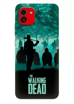 Чехол-накладка для Самсунг А03 из силикона - Ходячие мертвецы The Walking Dead бирюзово-черный постер с главными героями в окружении противников в лесу