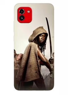 Чехол-накладка для Самсунг А03 из силикона - Ходячие мертвецы The Walking Dead Мишонн Хоторн Данай Джекесай Гурира в боевой стойке с катаной
