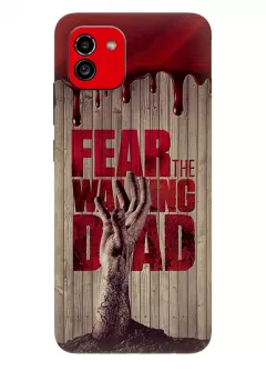 Чехол-накладка для Самсунг А03 из силикона - Ходячие мертвецы The Walking Dead кровавый постер с названием и рукой зомби в деревянном стиле