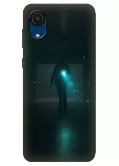Бампер для Гелекси А03 Кор из силикона - Очень странные дела Stranger Things главный герой освещает темный коридор черный чехол