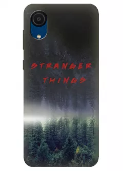 Бампер для Гелекси А03 Кор из силикона - Очень странные дела Stranger Things красное название на фоне леса